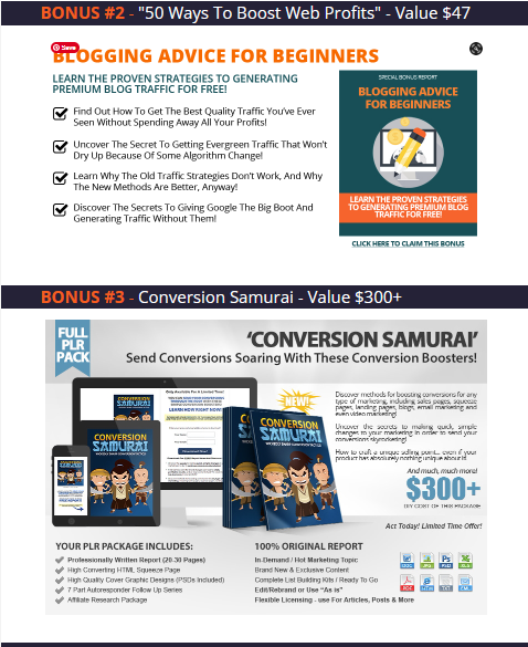 BONUS #2 - "50 Ways To Boost Web Profits" - Value $47<br />
BONUS #3 - Conversion Samurai - Value $300+